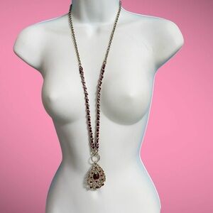 2028 Necklace Silver Tone Filigree Chain Purple Ribbon Long Necklace
